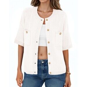 Short Sleeve Button Up Y2k Crew Neck Lightweight Knit Shirt, Medium, 8G-189T001